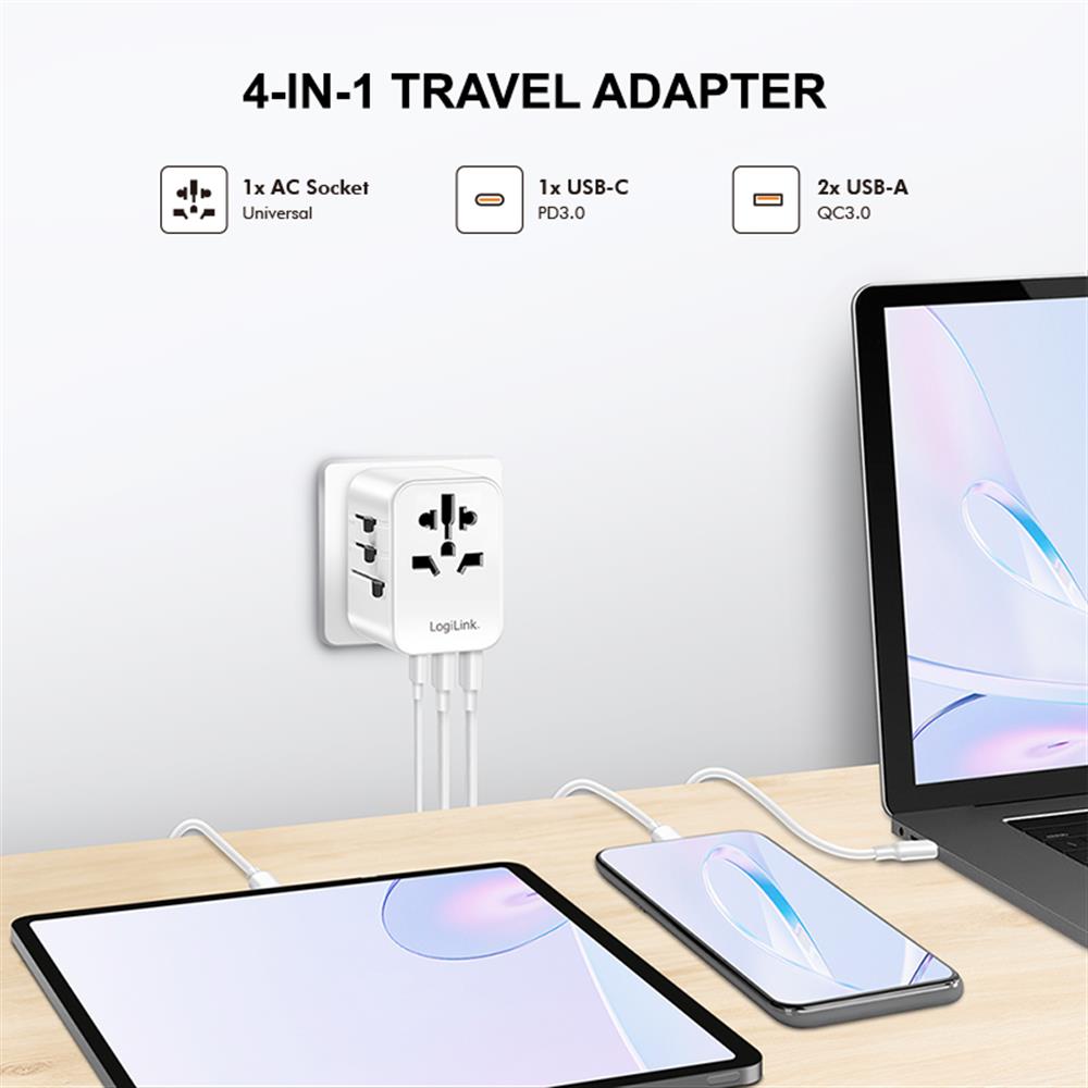 LogiLink Universal-Reisenetzteil 20W PD, 4 Anschlüsse, Weiß