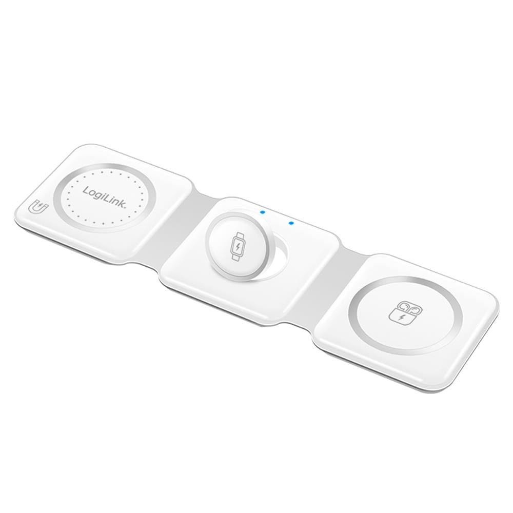 LogiLink Faltbare Ladestation, 15 W, kabellos, kompatibel mit iPhone, Apple Watch, AirPods, Weiß