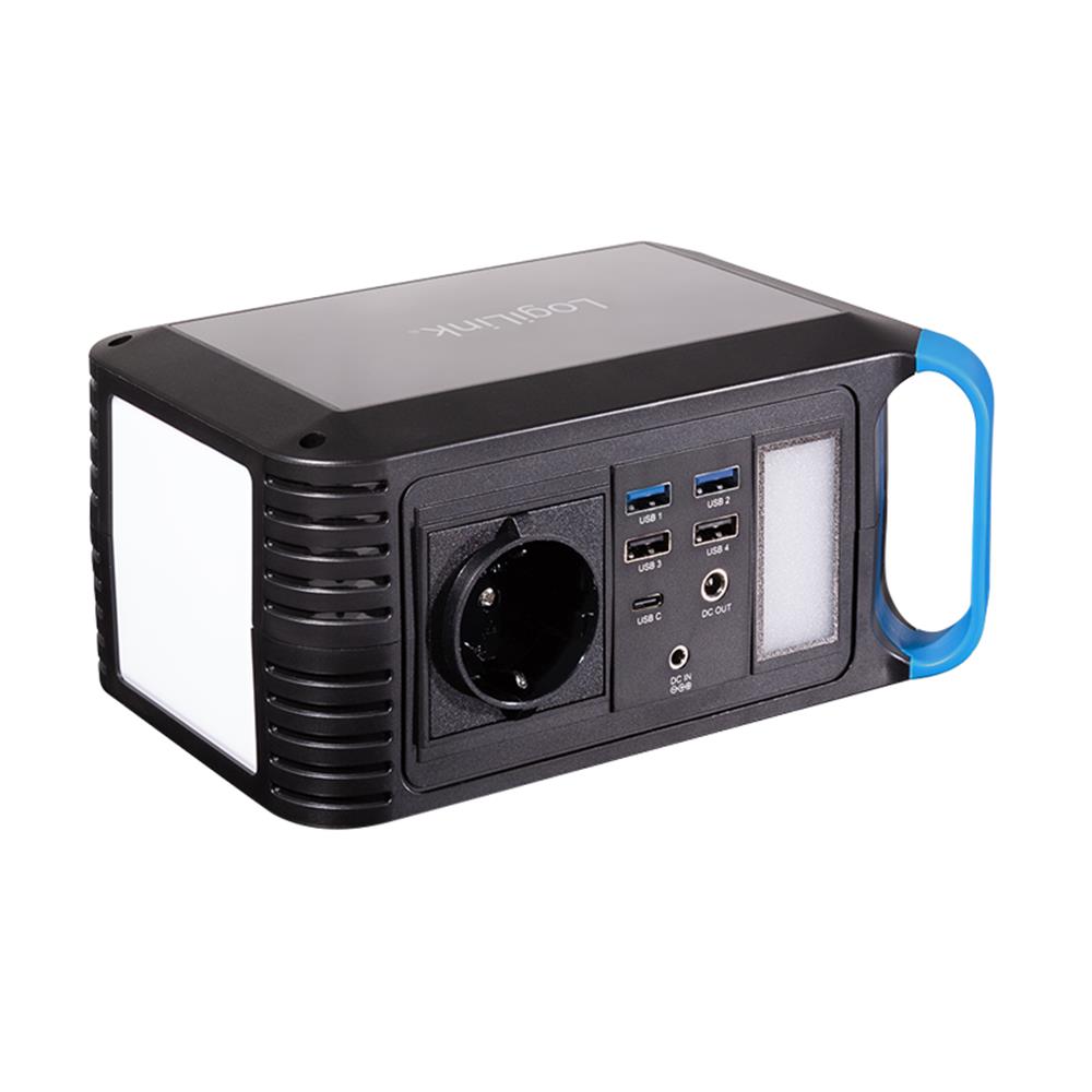 LogiLink Tragbare Powerstation 200 W, 40.000 mAh, 7 Anschlüsse, LED-Licht, Schwarz/Blau