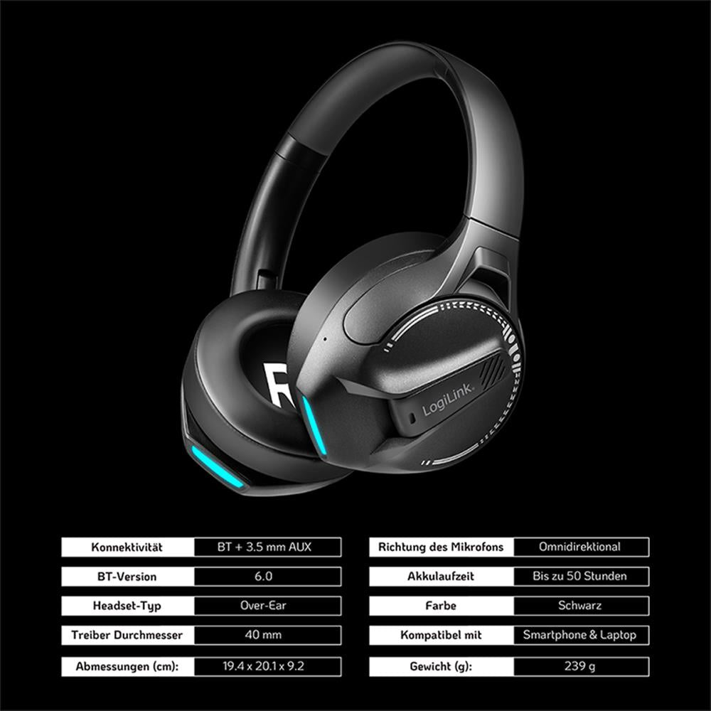 LogiLink BT0070 Bluetooth 6.0 Gaming-Headset mit 50h Akku und 3,5 mm AUX