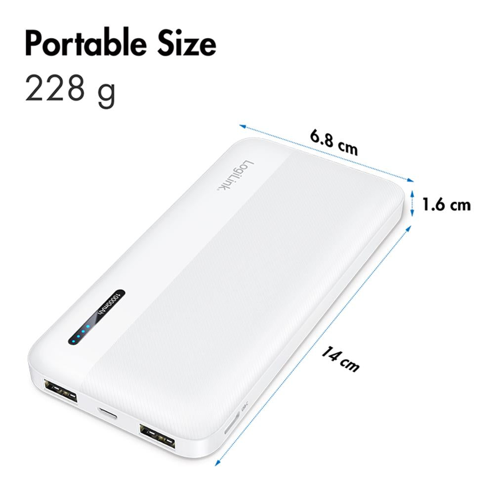 LogiLink Powerbank 10.000 mAh, 2× USB-A, 1× USB-C, Schnellladen, Weiß