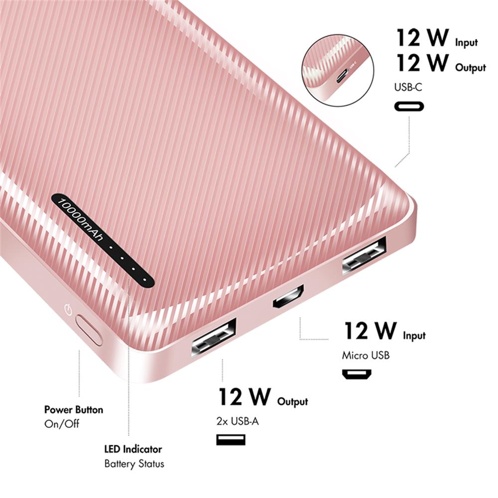 LogiLink Powerbank 10.000 mAh, 2× USB-A & 1× USB-C, Schnellladen, Roségold