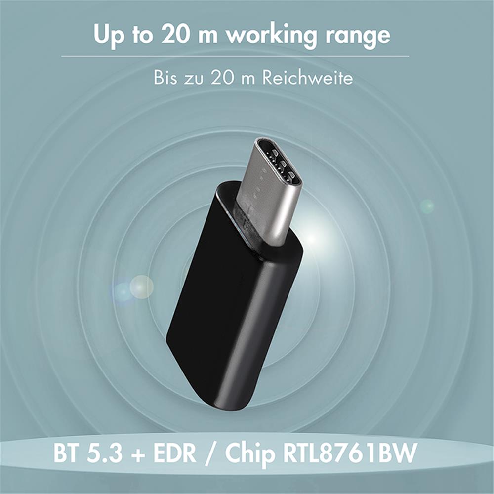 LogiLink Bluetooth 5.3 Adapter – USB-C Gen1, 20 m Reichweite, Schwarz
