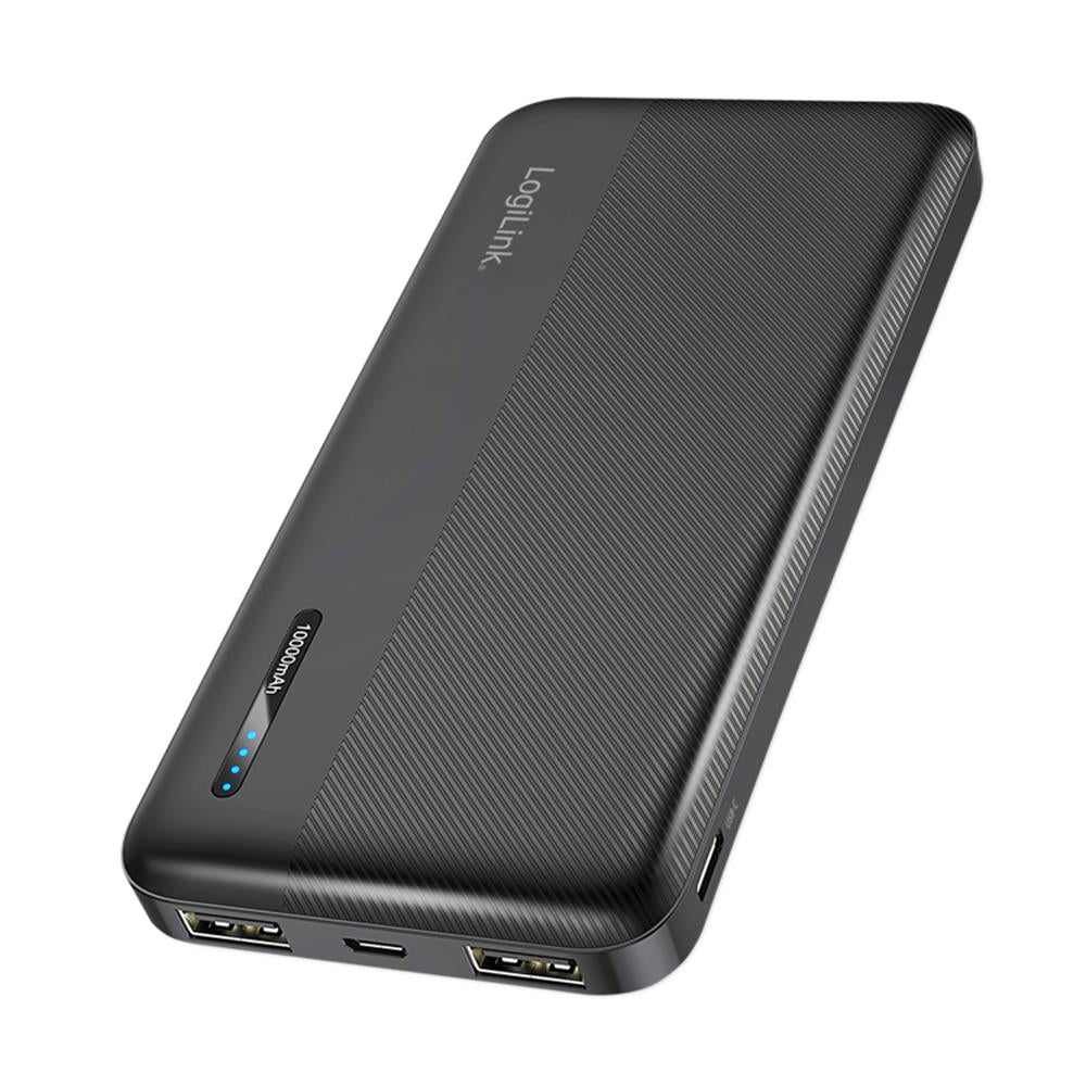 LogiLink Powerbank 10.000 mAh, 2× USB-A, 1× USB-C, Schnellladen, Schwarz