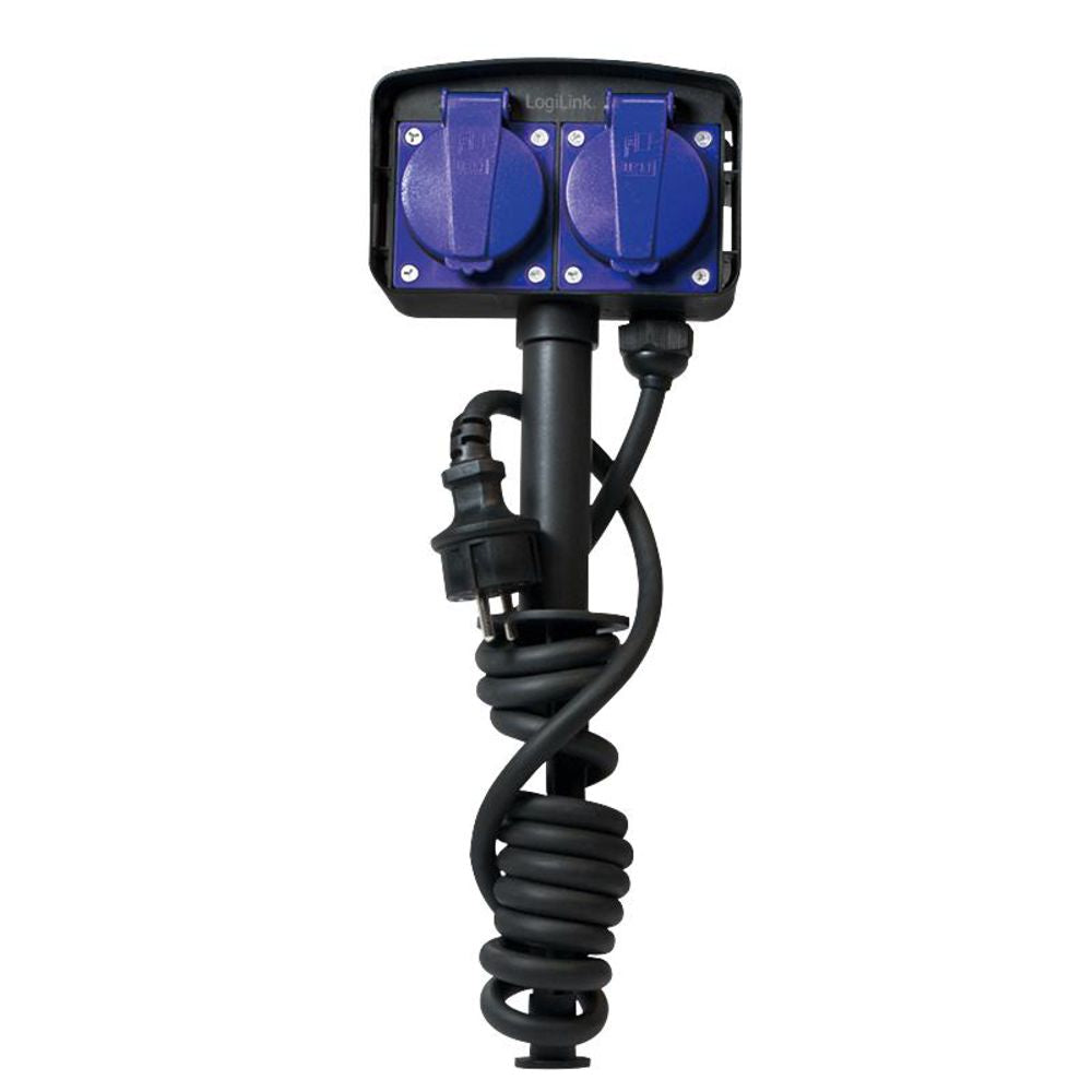 LogiLink Outdoor-Steckdose 2-fach mit Erdspieß, IP44, 2 m Kabel, Schwarz/Blau