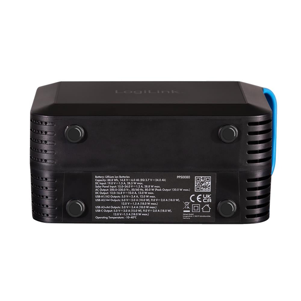 LogiLink Tragbare Powerstation 80 W, 24.000 mAh, 7 Anschlüsse, LED-Licht, Schwarz/Blau