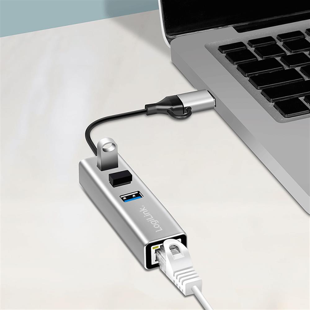 LogiLink USB 3.2 Gen1 Hub mit RJ45, 3x USB-A, 2-in-1 Kabel, Silber