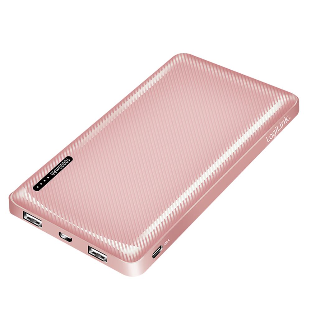 LogiLink Powerbank 10.000 mAh, 2× USB-A & 1× USB-C, Schnellladen, Roségold