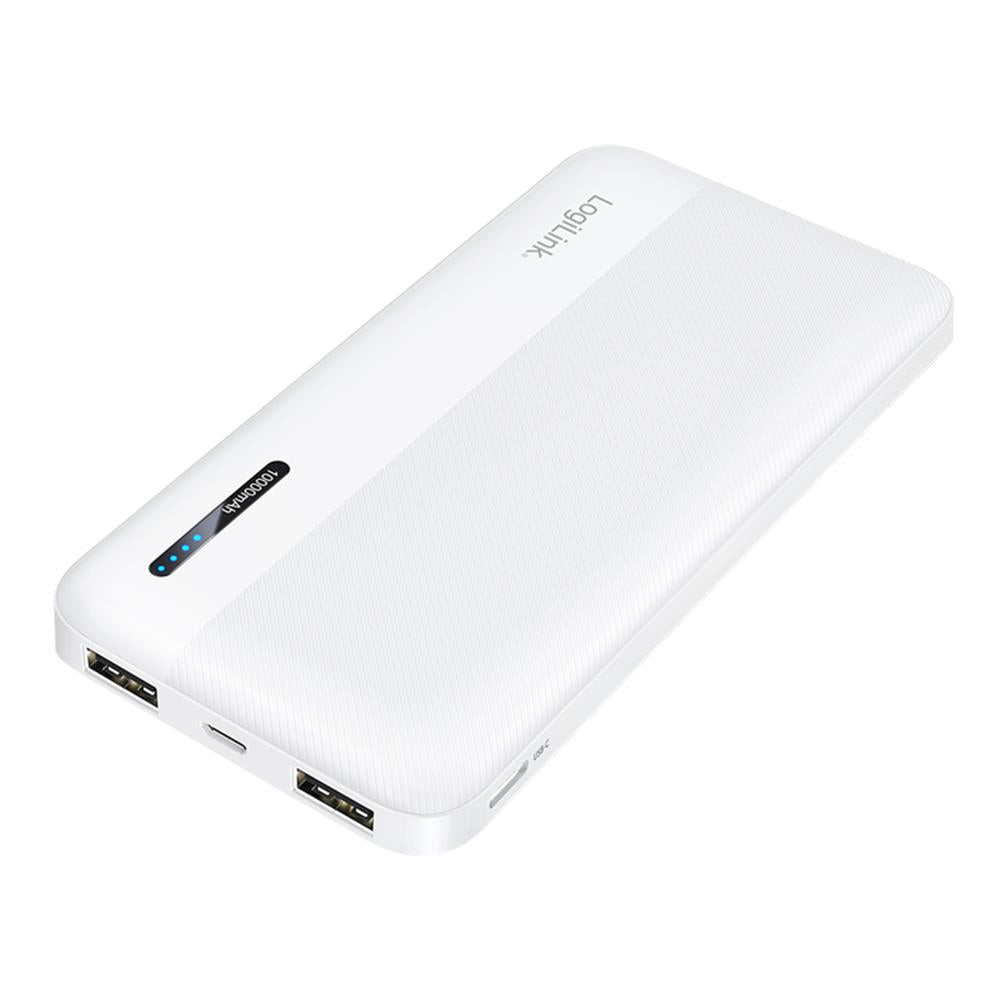 LogiLink Powerbank 10.000 mAh, 2× USB-A, 1× USB-C, Schnellladen, Weiß