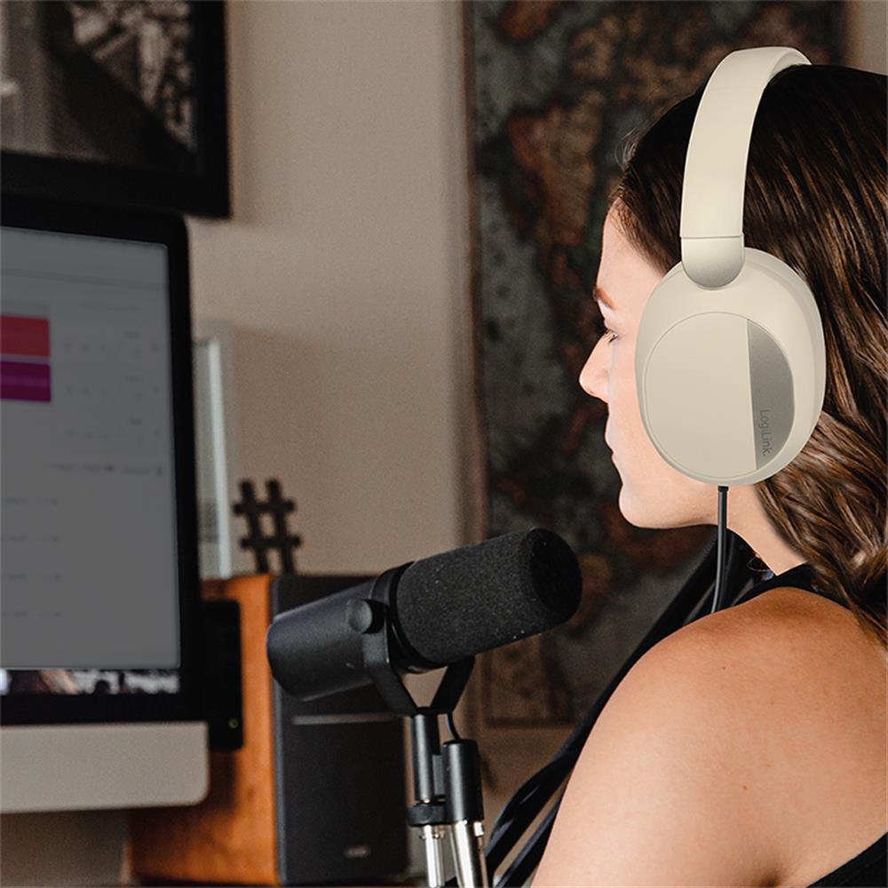 LogiLink Bluetooth 6.0 Sound Wave-Headset mit ANC, 15h Akku, Creme/Silber