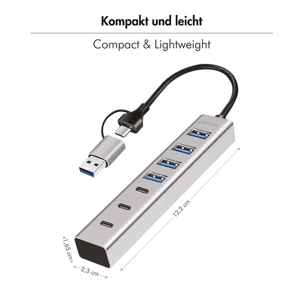 LogiLink USB 3.0 Hub, 7 Ports (4x USB-A, 3x USB-C), 2-in-1 Kabel, Silber
