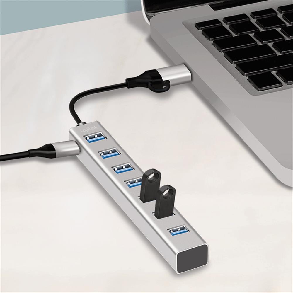 LogiLink USB 3.0 Hub, 7 Ports, 2-in-1 Kabel, 5 Gbit/s, Silber