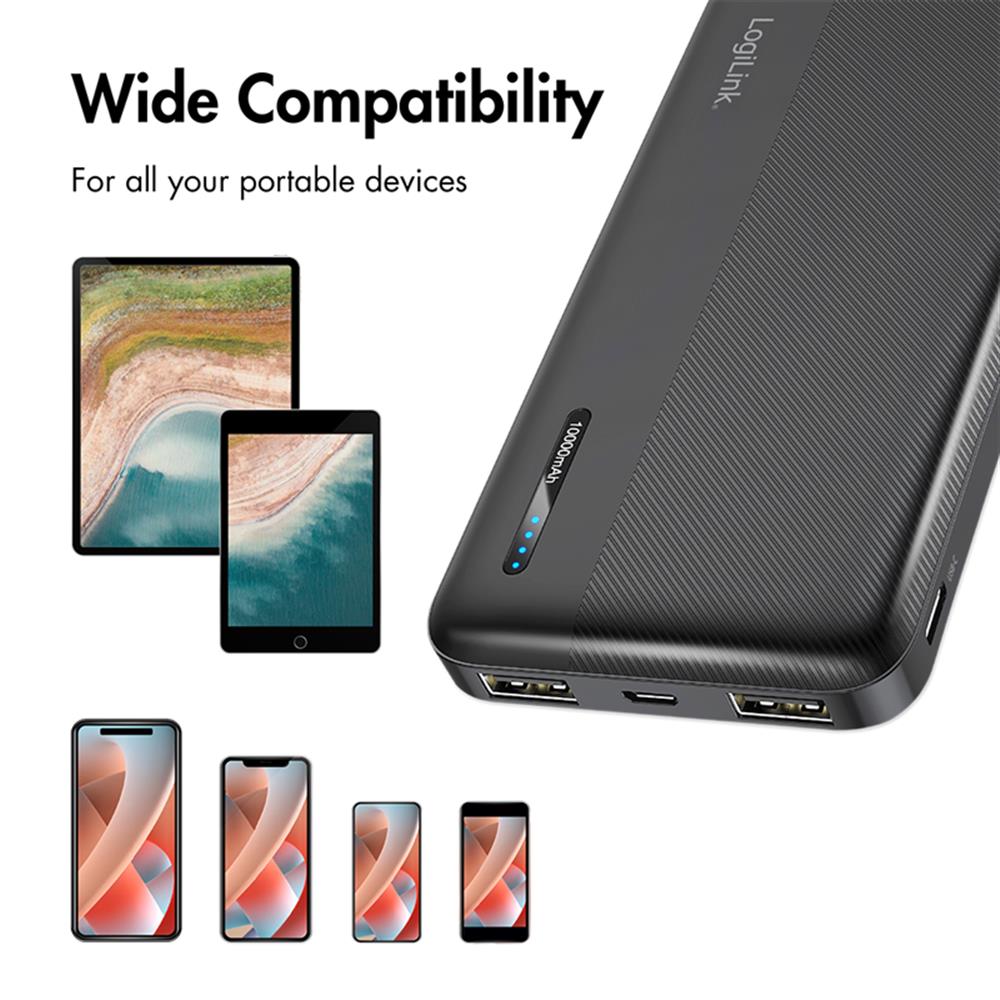 LogiLink Powerbank 10.000 mAh, 2× USB-A, 1× USB-C, Schnellladen, Schwarz
