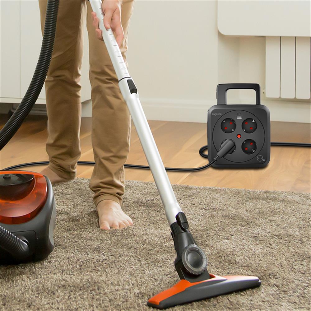 LogiLink Kabeltrommel 5 m, 4 Steckdosen, USB-A & USB-C, IP20, 3000 W