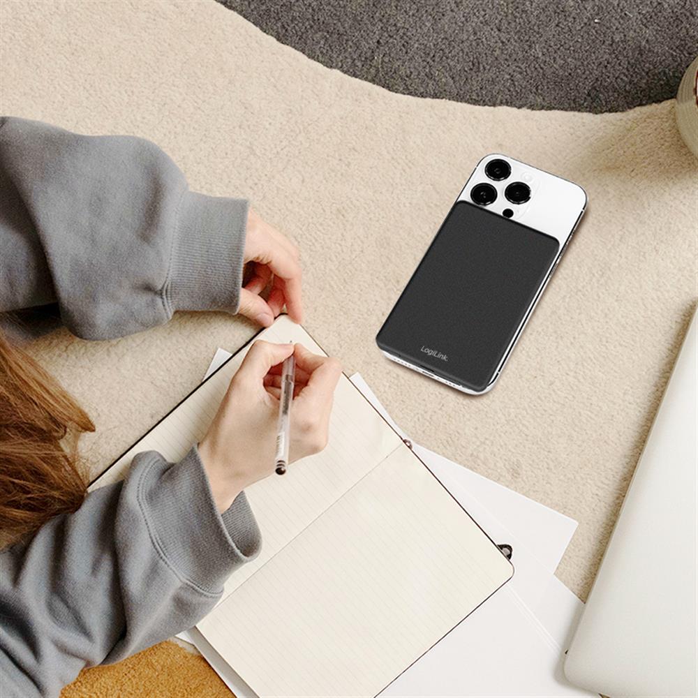LogiLink Magnetische Powerbank 5.000 mAh, USB-C, PD 15 W, MagSafe-kompatibel, Schwarz