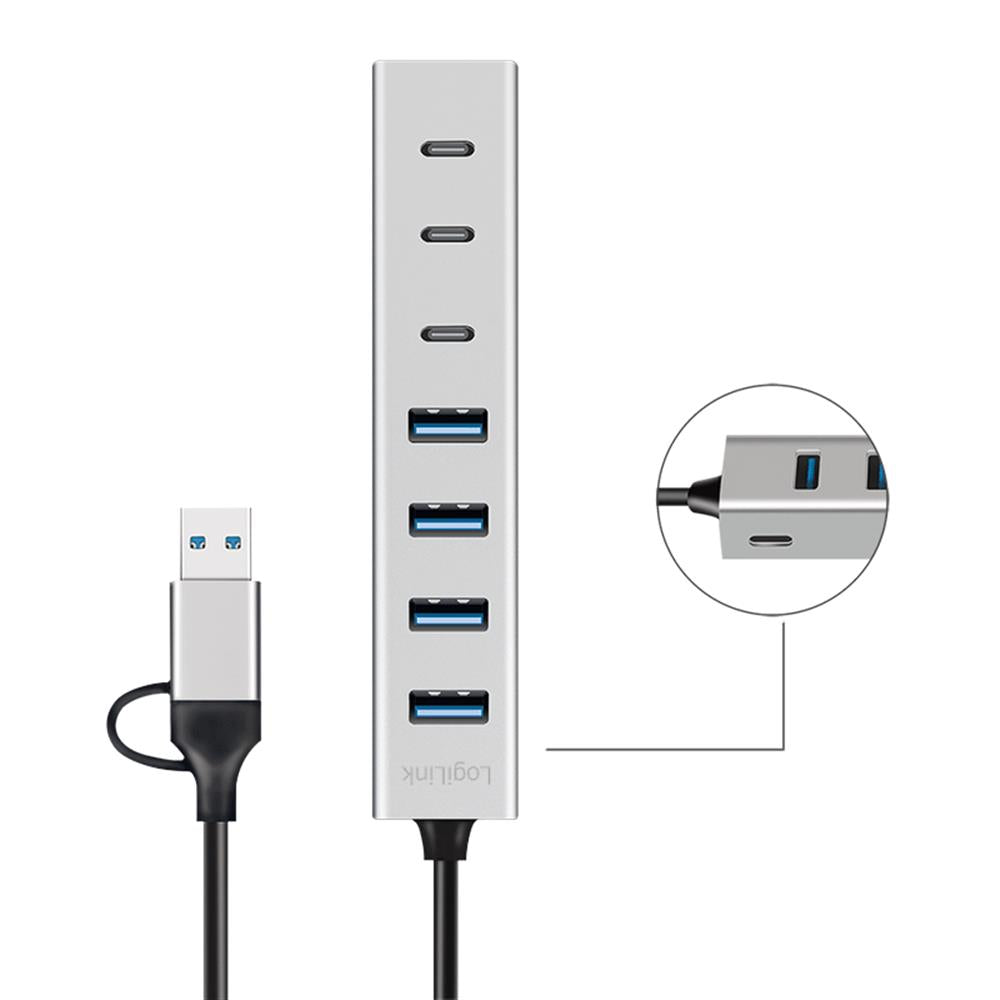 LogiLink USB 3.0 Hub, 7 Ports (4x USB-A, 3x USB-C), 2-in-1 Kabel, Silber