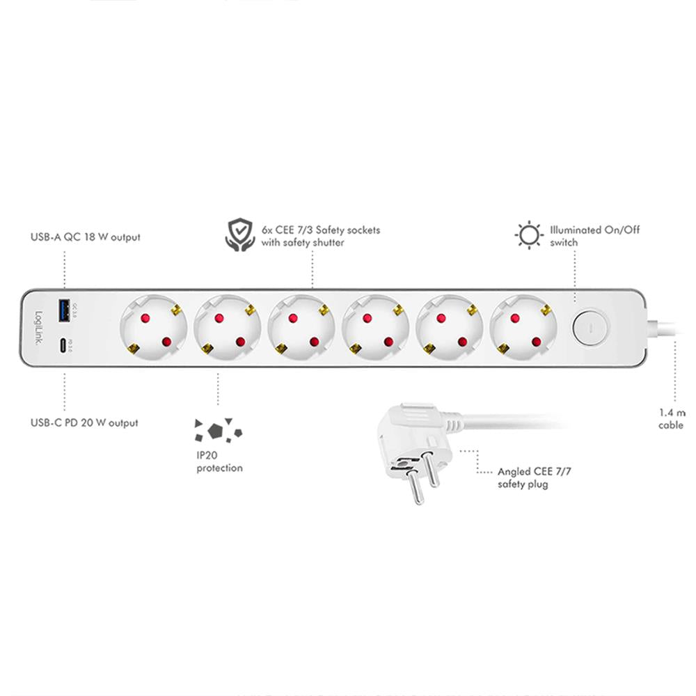 LogiLink Steckdosenleiste 6-fach mit USB-A & USB-C Schnellladefunktion, 1,4 m, Weiß