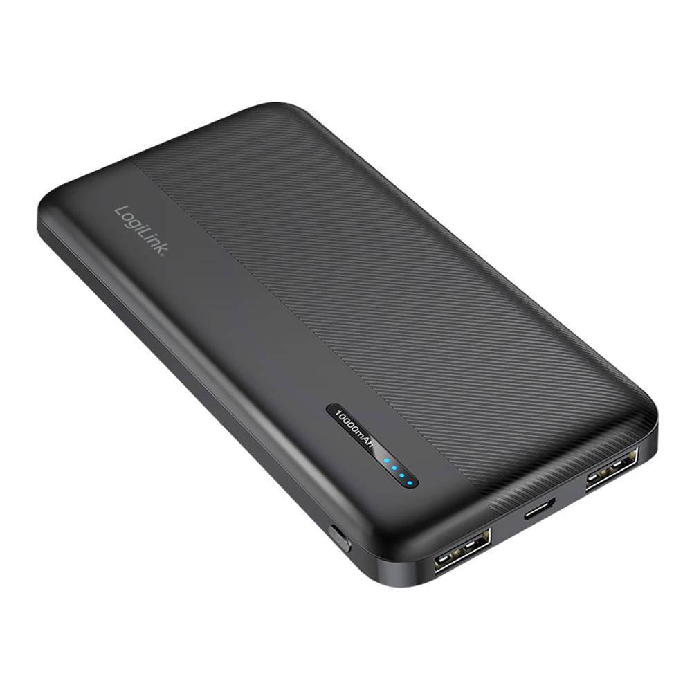 LogiLink Powerbank 10.000 mAh, 2× USB-A, 1× USB-C, Schnellladen, Schwarz