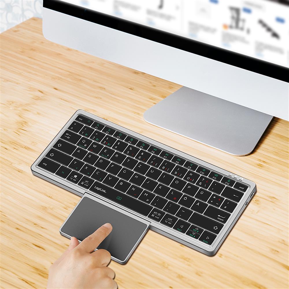 LogiLink Kabellose Multi-Device-Tastatur Bluetooth 5.1 mit Trackpad & Cover, Grau
