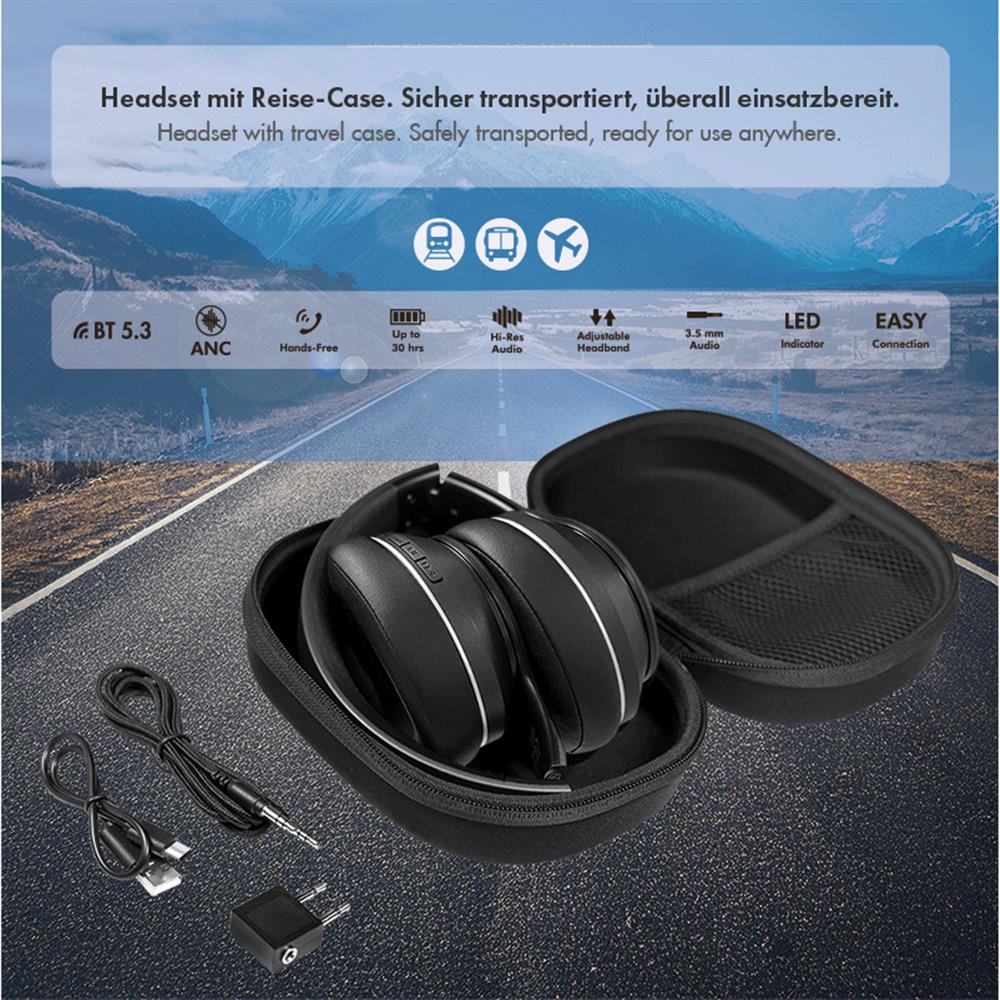 BT0053 Bluetooth 5.3 ANC-Headset mit 30h Akku und Tragetasche, Schwarz