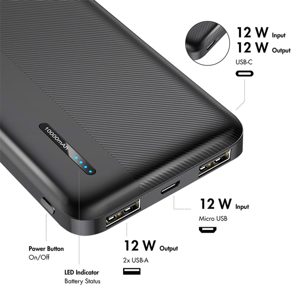 LogiLink Powerbank 10.000 mAh, 2× USB-A, 1× USB-C, Schnellladen, Schwarz