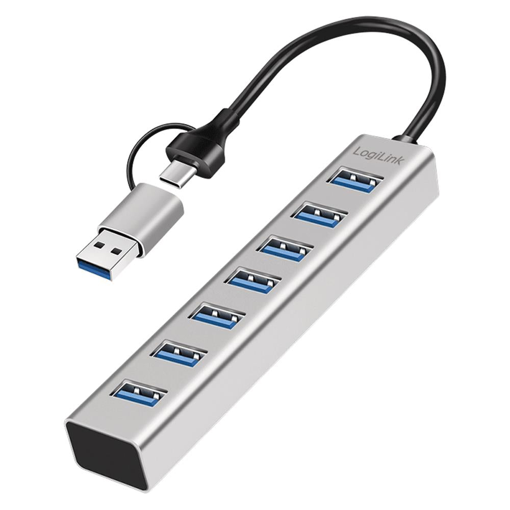 LogiLink USB 3.0 Hub, 7 Ports, 2-in-1 Kabel, 5 Gbit/s, Silber