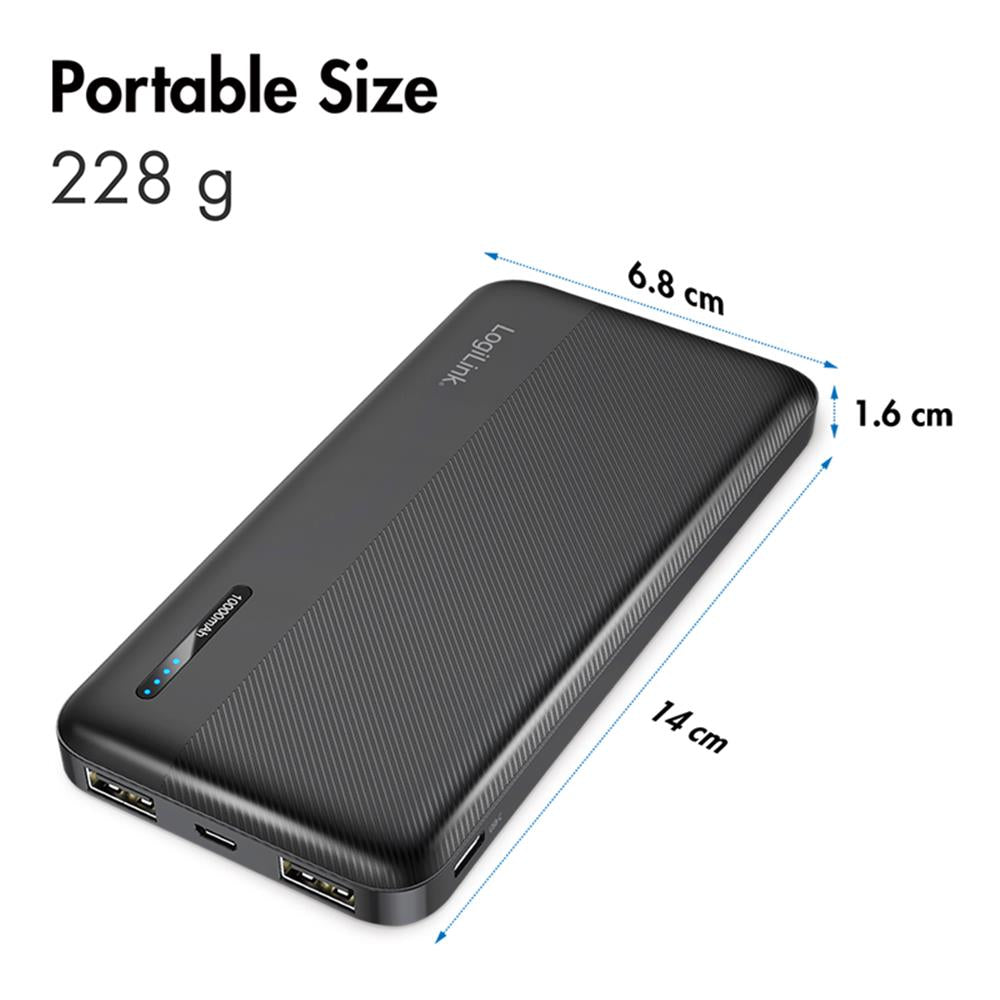 LogiLink Powerbank 10.000 mAh, 2× USB-A, 1× USB-C, Schnellladen, Schwarz