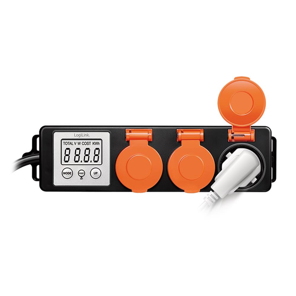 LogiLink 3-fach Außensteckdosenleiste mit Energiekostenmesser & IP44 – Stromverbrauch im Garten messen