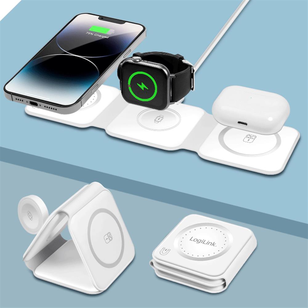 LogiLink Faltbare Ladestation, 15 W, kabellos, kompatibel mit iPhone, Apple Watch, AirPods, Weiß