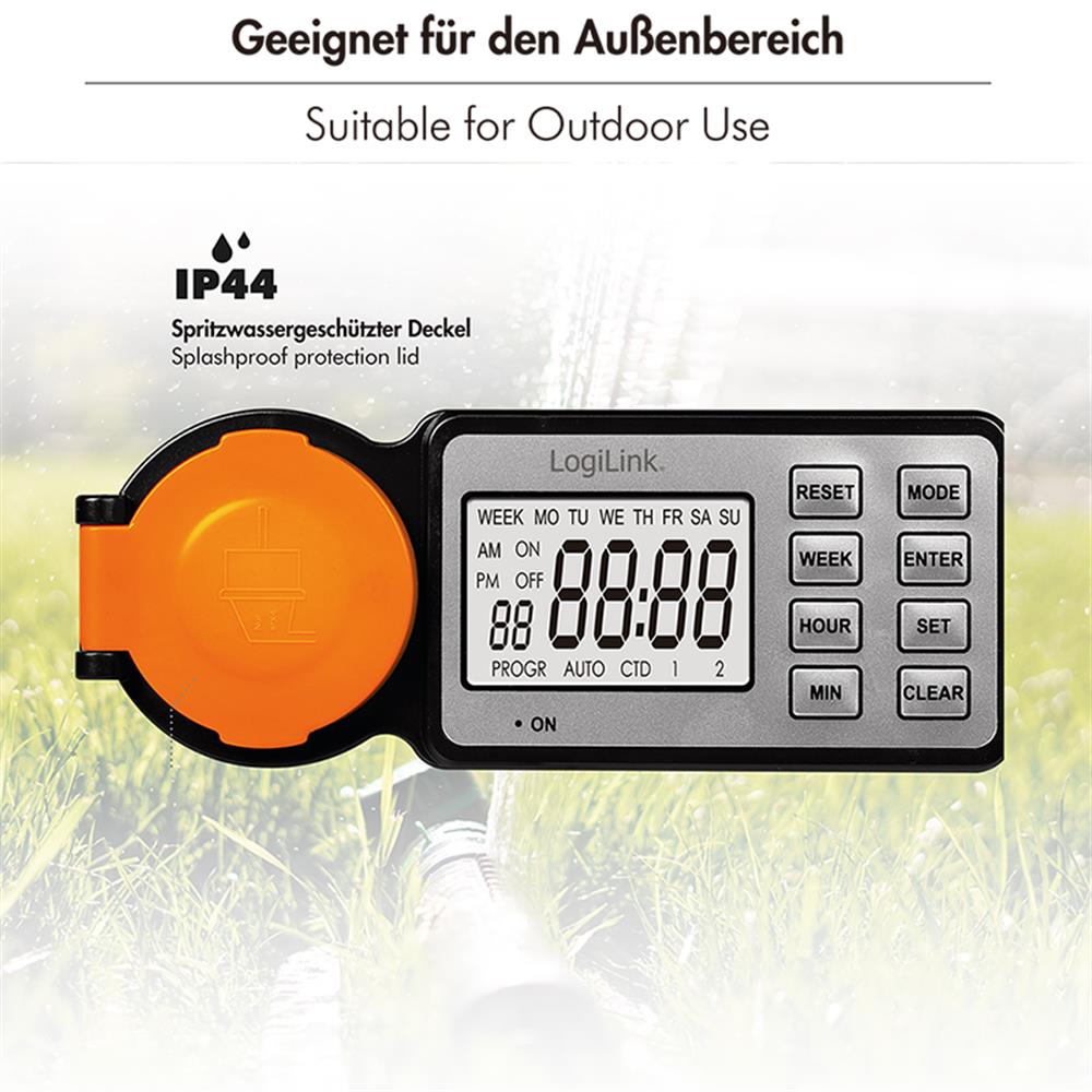 LogiLink Outdoor-Zeitschaltuhr mit LCD-Display, IP44, 3600 W, Schwarz/Orange