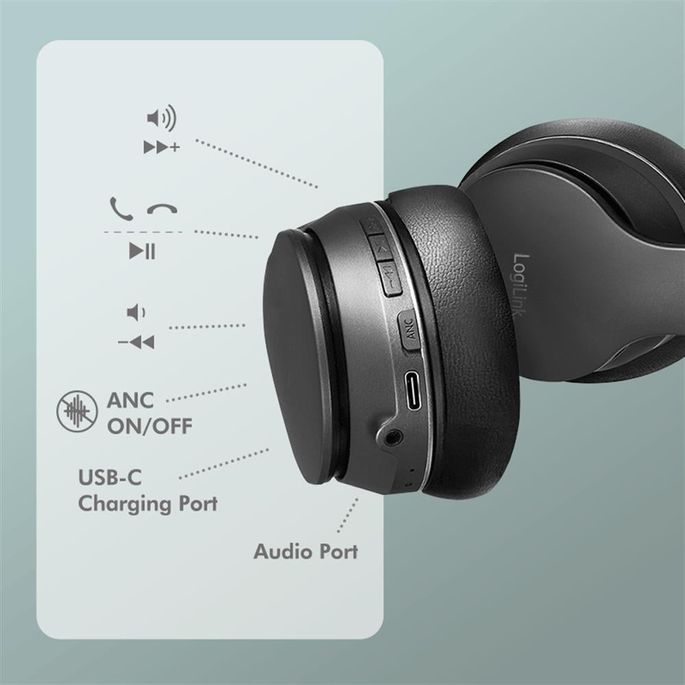 BT0053 Bluetooth 5.3 ANC-Headset mit 30h Akku und Tragetasche, Schwarz