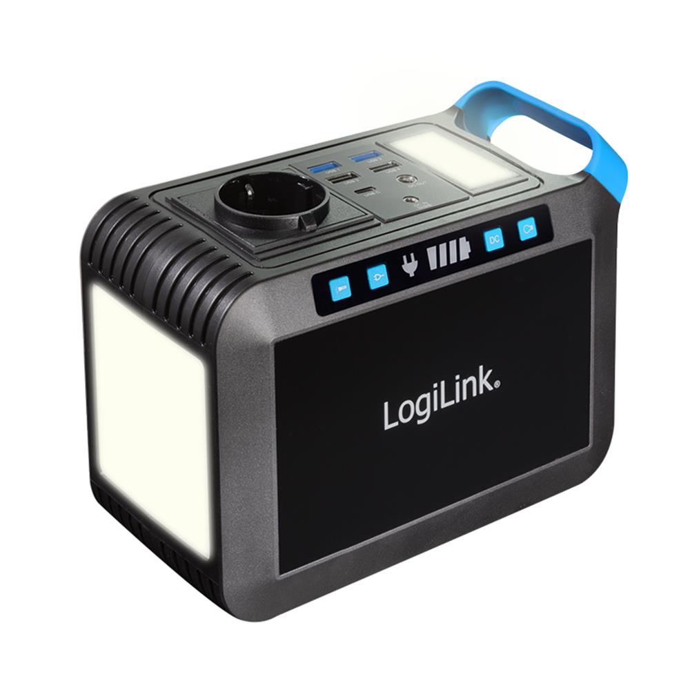 LogiLink Tragbare Powerstation 200 W, 40.000 mAh, 7 Anschlüsse, LED-Licht, Schwarz/Blau