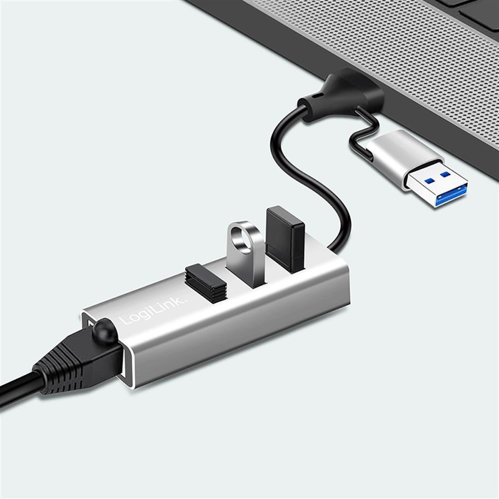 LogiLink USB 3.2 Gen1 Hub mit RJ45, 3x USB-A, 2-in-1 Kabel, Silber