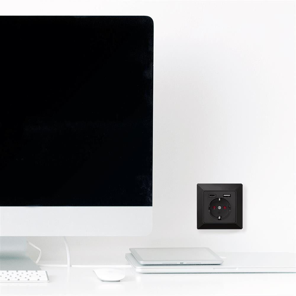 LogiLink Unterputz-Steckdose mit USB-A & USB-C Ladefunktion, 14 W, Schwarz