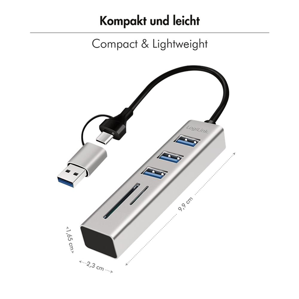 LogiLink USB 3.0 Hub mit Kartenleser, 3 Ports, 2-in-1 Kabel, Silber