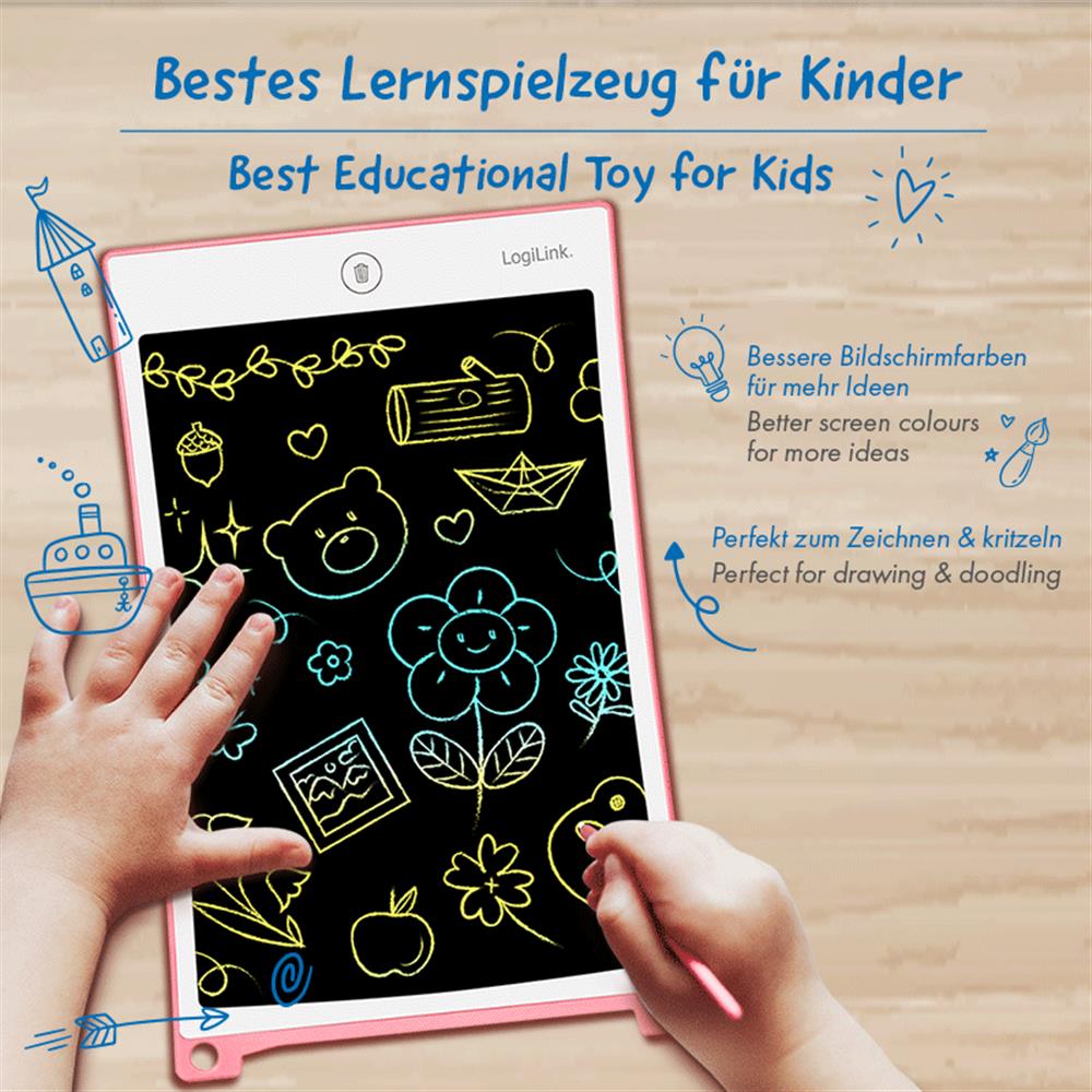 LogiLink LCD Kinderschreibtafel 10" – Löschbar, augenschonend, pink, ideal für Kinder