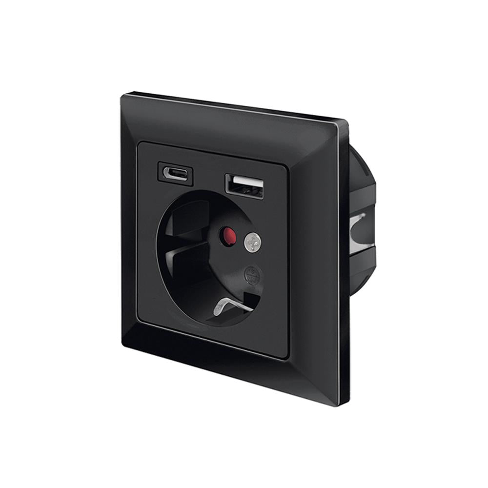 LogiLink Unterputz-Steckdose mit USB-A & USB-C Ladefunktion, 14 W, Schwarz