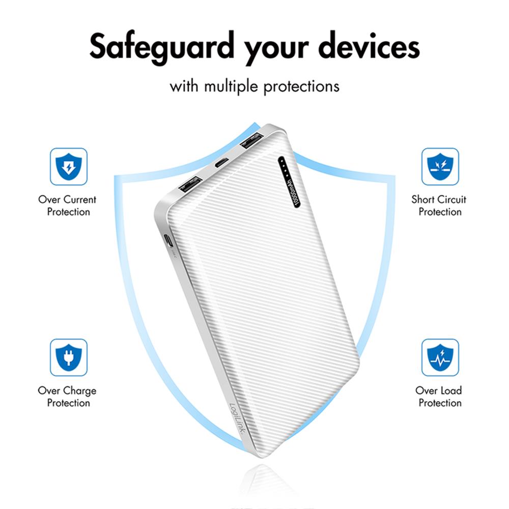 LogiLink Powerbank 10.000 mAh, 2× USB-A & 1× USB-C, Schnellladen, Weiß