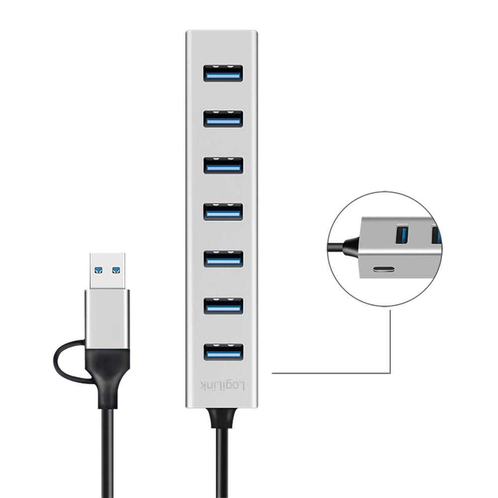LogiLink USB 3.0 Hub, 7 Ports, 2-in-1 Kabel, 5 Gbit/s, Silber