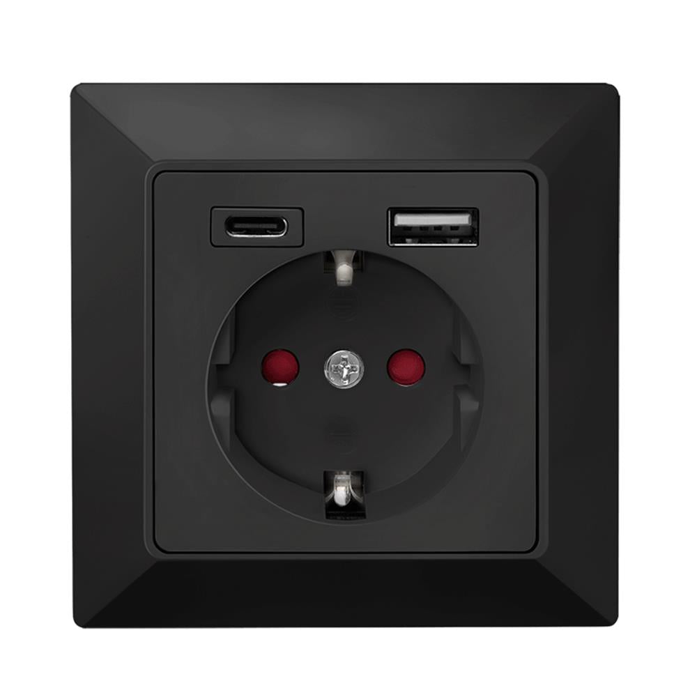 LogiLink Unterputz-Steckdose mit USB-A & USB-C Ladefunktion, 14 W, Schwarz