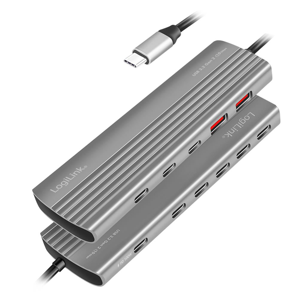 LogiLink Ultra-Slim USB 3.2 Gen2 Hub, 10 Ports, PD 100 W, Space Grau