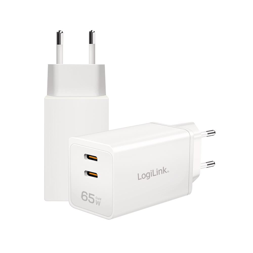 LogiLink Dual-USB-Steckdosenadapter, GaN, 65 W, 2x USB-C PD/QC, Weiß