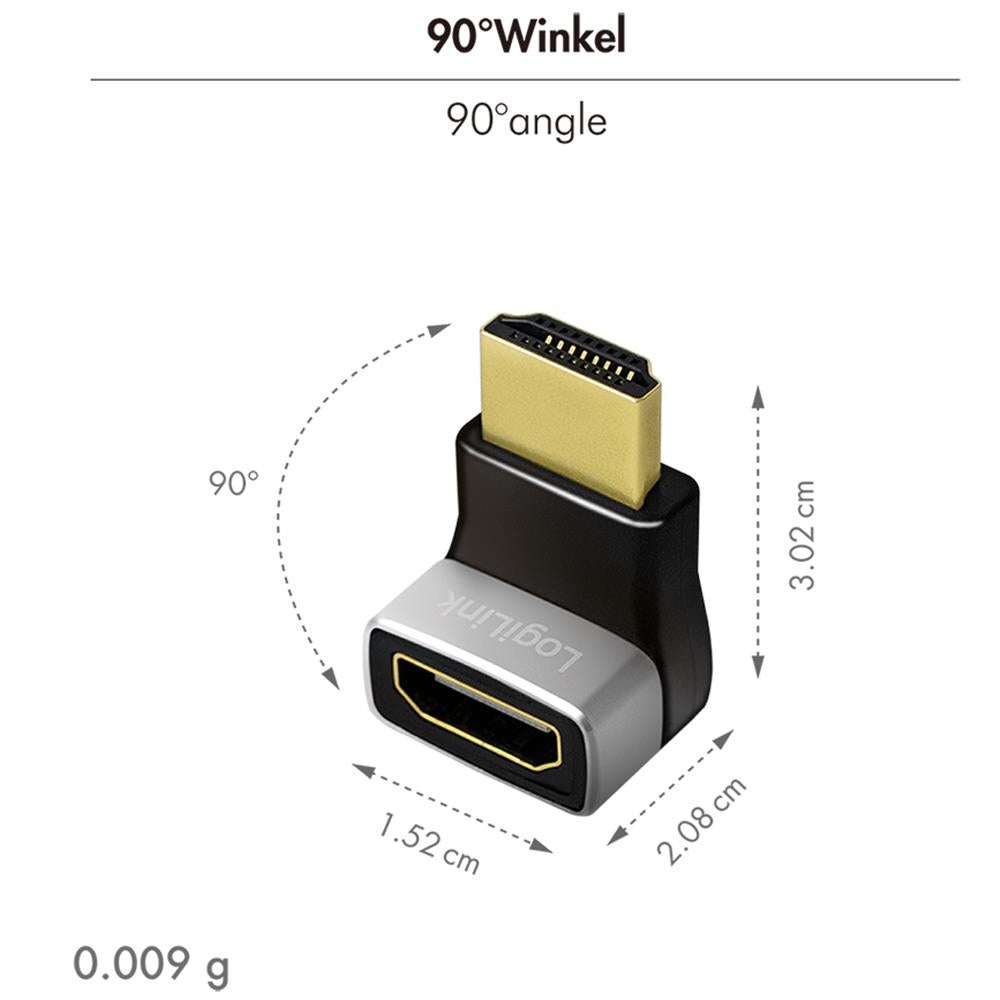 LogiLink HDMI-Adapter, A/M zu A/F, 90° gewinkelt, 8K/60 Hz, schwarz/grau