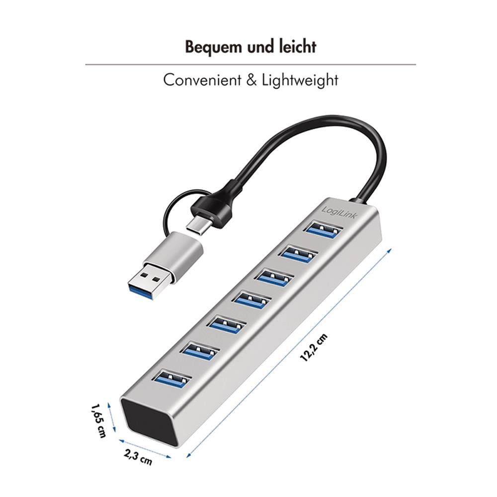 LogiLink USB 3.0 Hub, 7 Ports, 2-in-1 Kabel, 5 Gbit/s, Silber