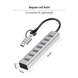 LogiLink USB 3.0 Hub, 7 Ports, 2-in-1 Kabel, 5 Gbit/s, Silber