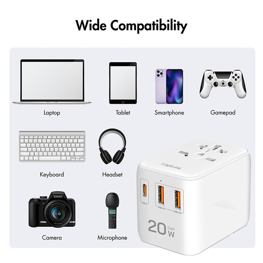 LogiLink Universal-Reisenetzteil 20W PD, 4 Anschlüsse, Weiß