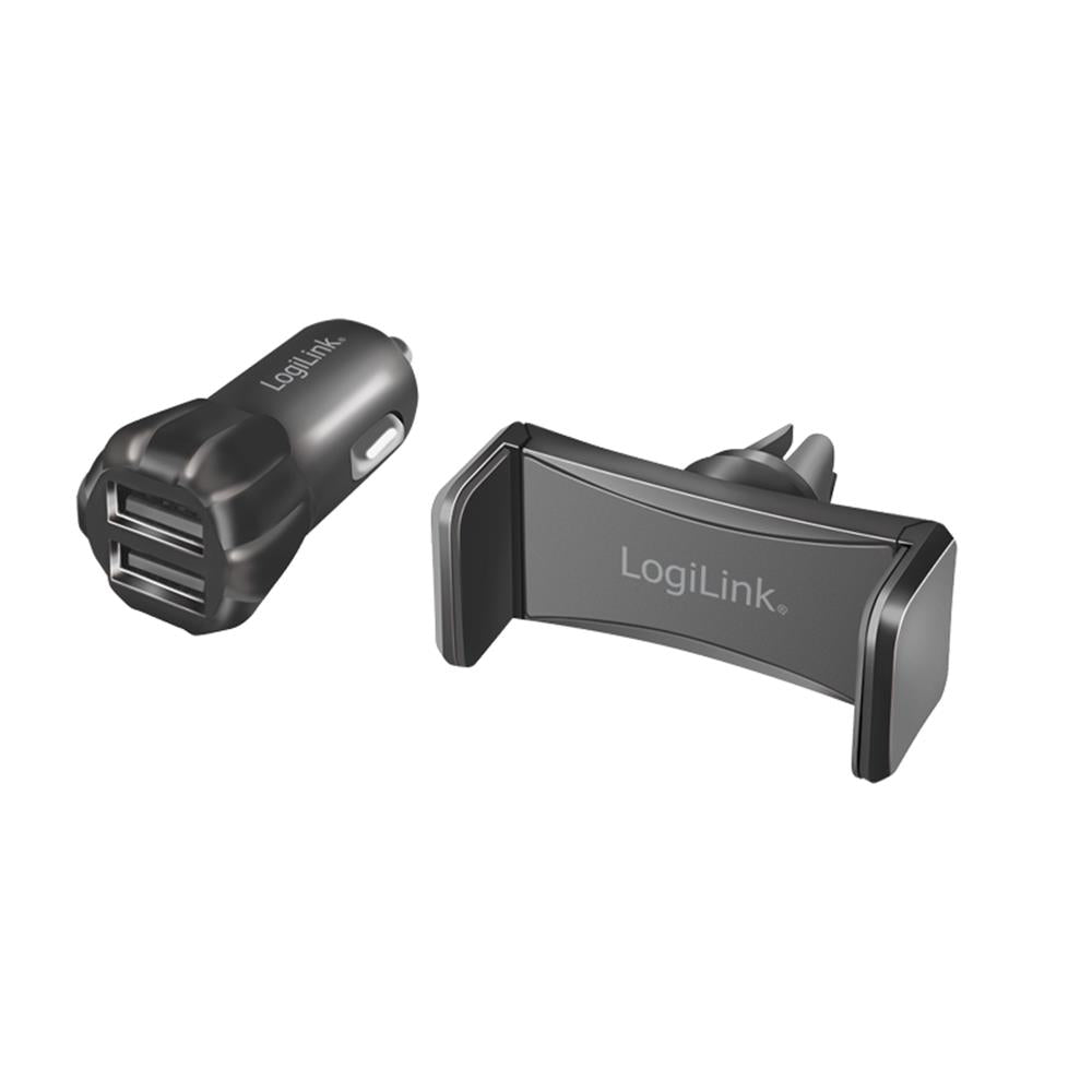 LogiLink USB Doppel Kfz Ladegerät + Smartphone Halterung im Set