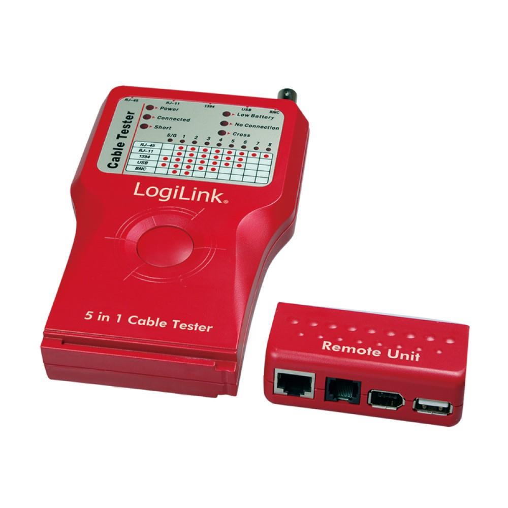 LogiLink Kabeltester 5-in-1, RJ45, RJ11, USB, BNC, FireWire, mit Remote Einheit