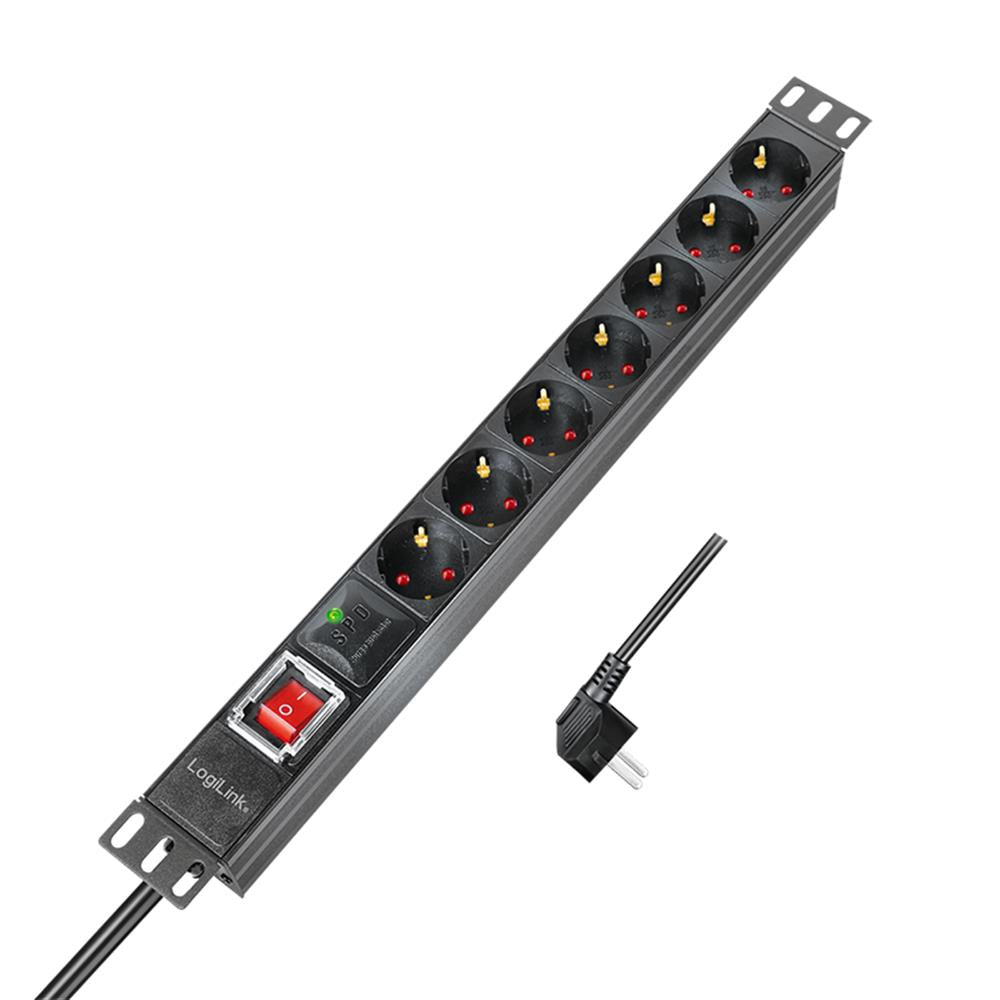 LogiLink 19" Steckdosenleiste 7-fach – Überspannungsschutz & Schalter, Aluminiumgehäuse