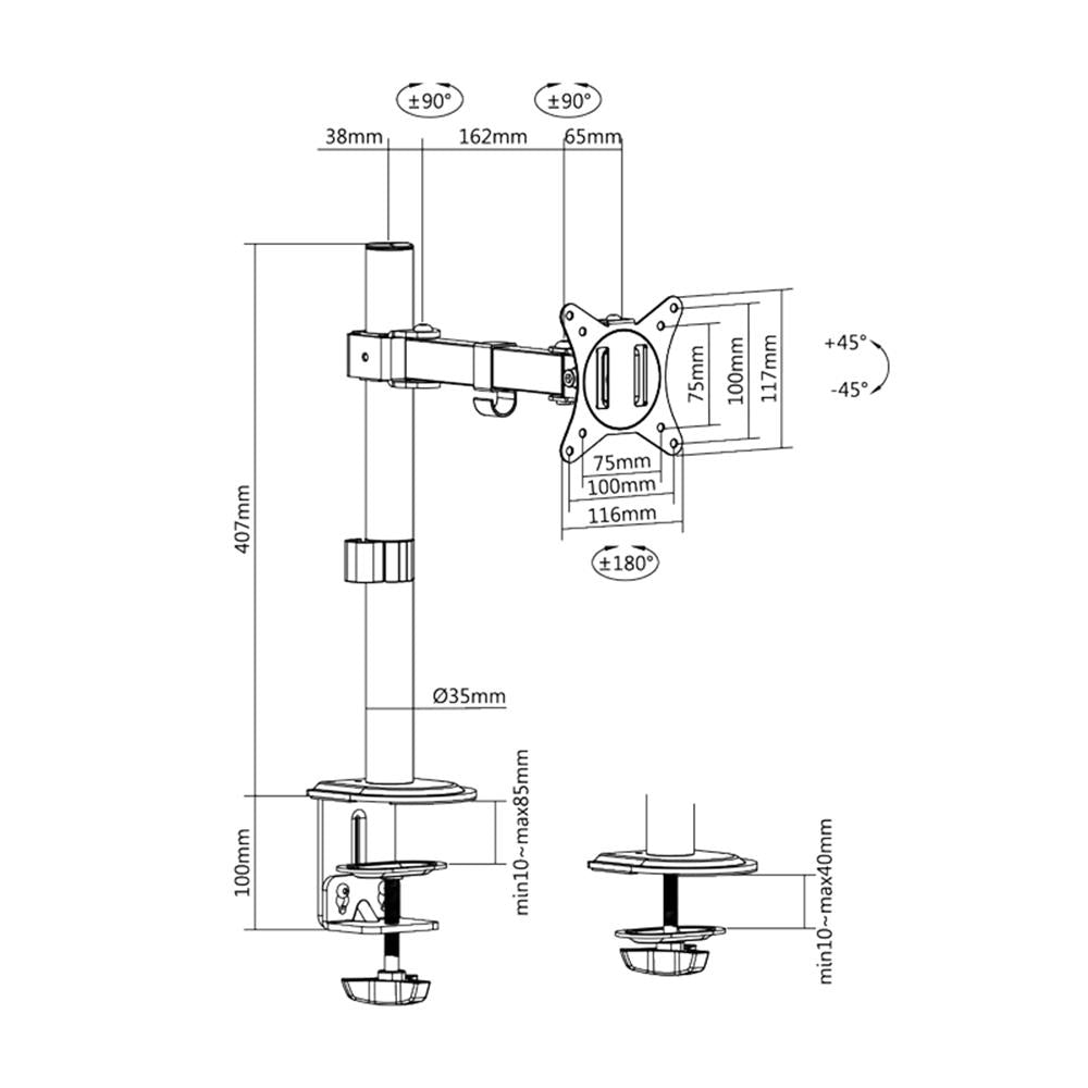 LogiLink Monitorhalterung 17–32", Armlänge 200 mm, Tischmontage, Schwarz